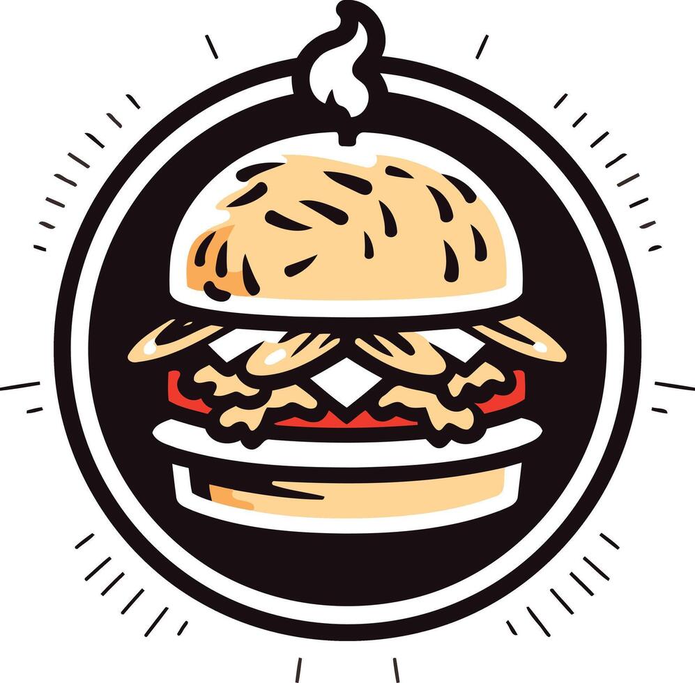A retro-style burger logo with bold lines and a simple design vector
