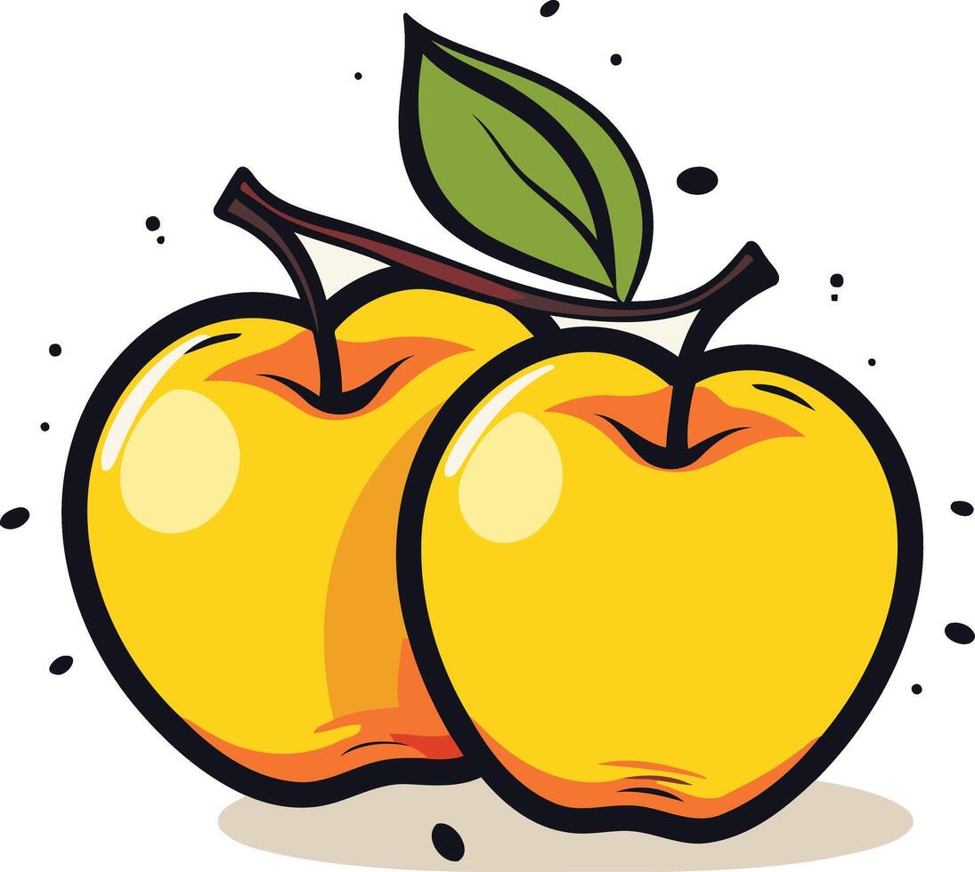 A cartoon illustration of two yellow apples with a green leaf on a white background vector