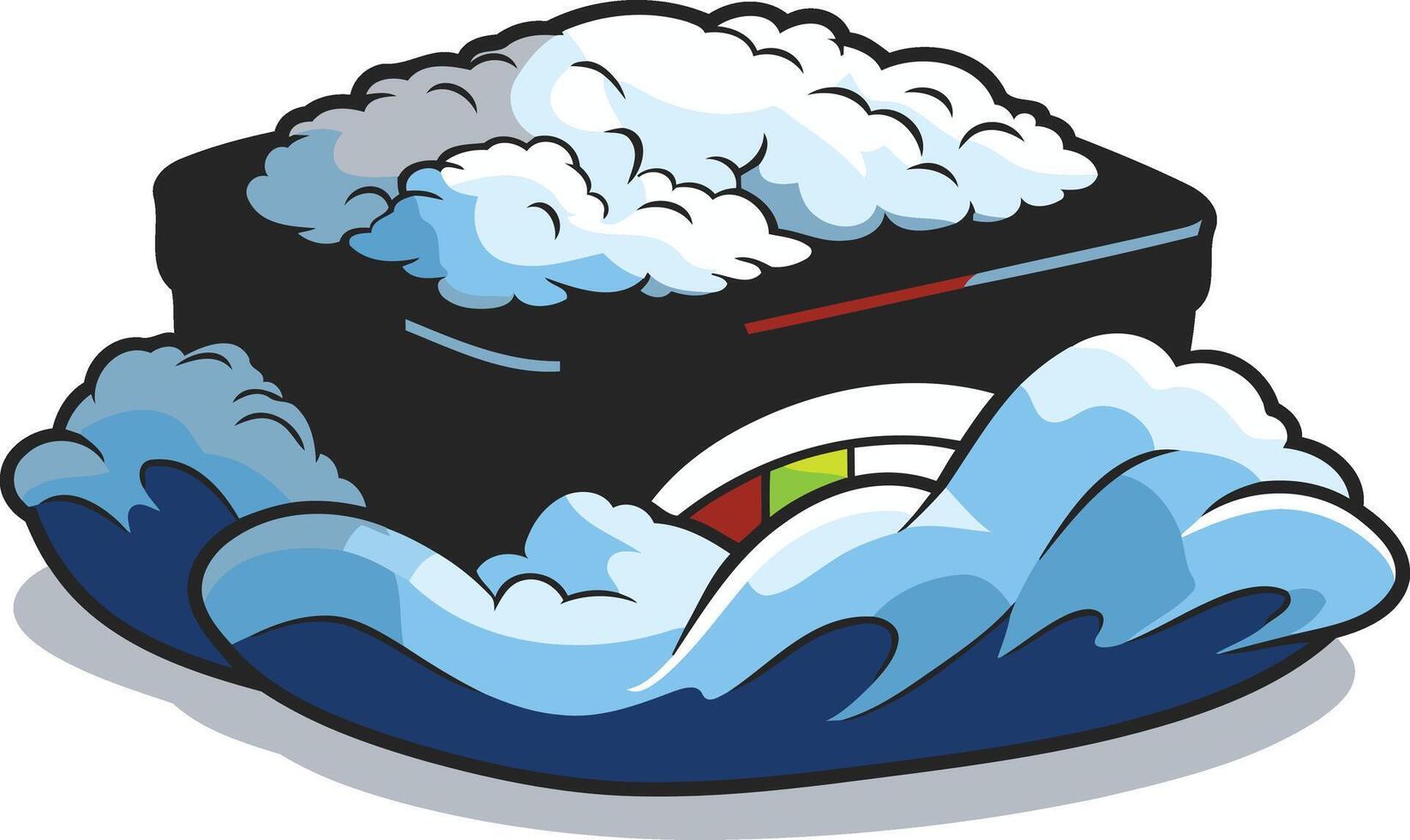 A playful illustration of a sushi roll surfing on waves, perfect for restaurant menus, social media, and food related designs vector