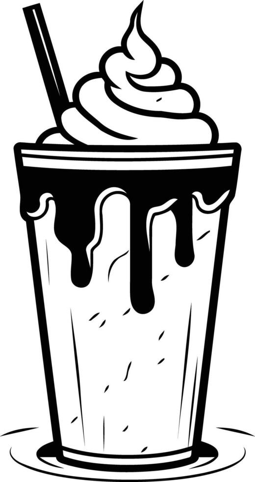 A classic milkshake with whipped cream and chocolate sauce, rendered in a black and white cartoon style vector