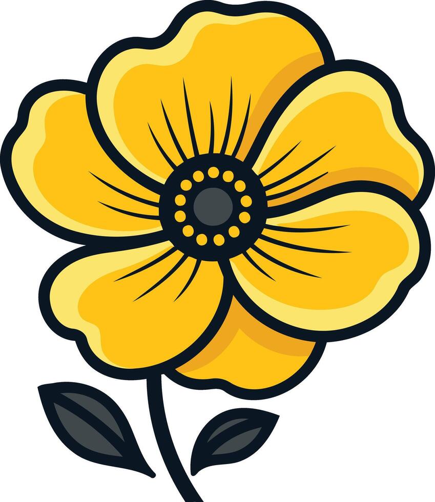 Cute cartoon illustration of a yellow flower with a black outline vector