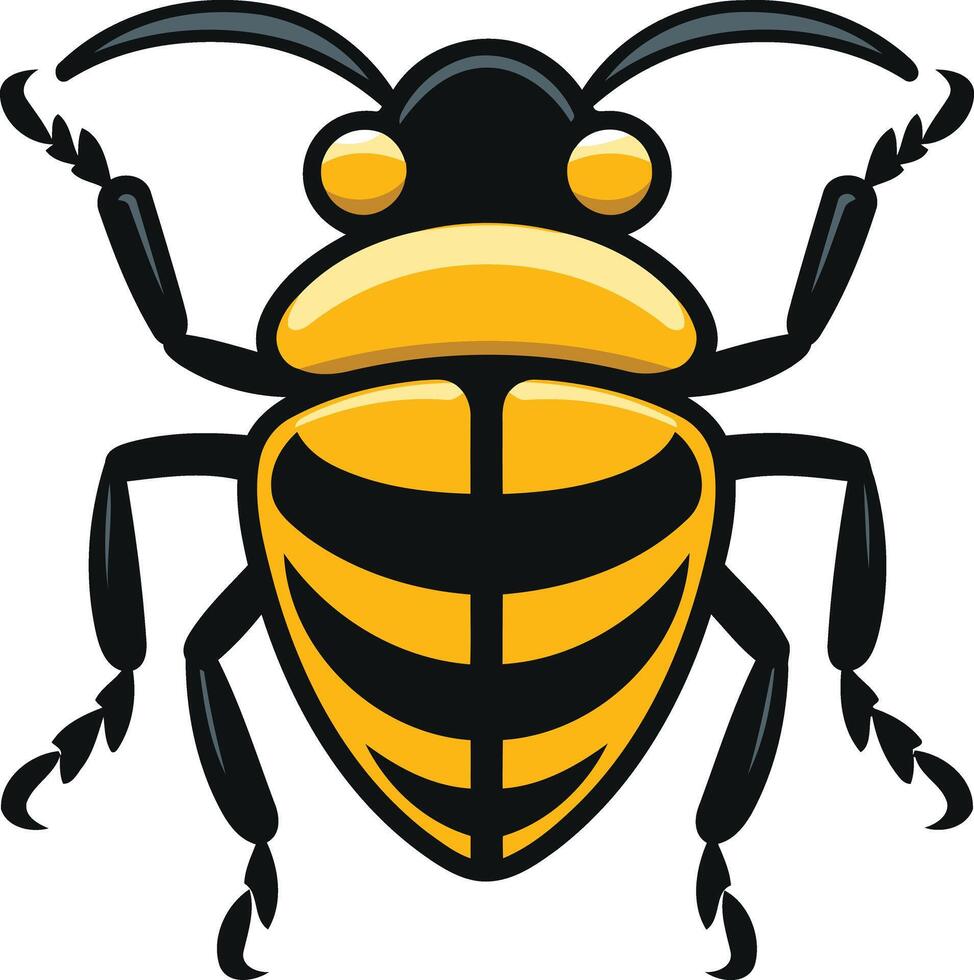 This illustration features a cartoon bug with a yellow and black striped shell, black legs, and large, round eyes vector