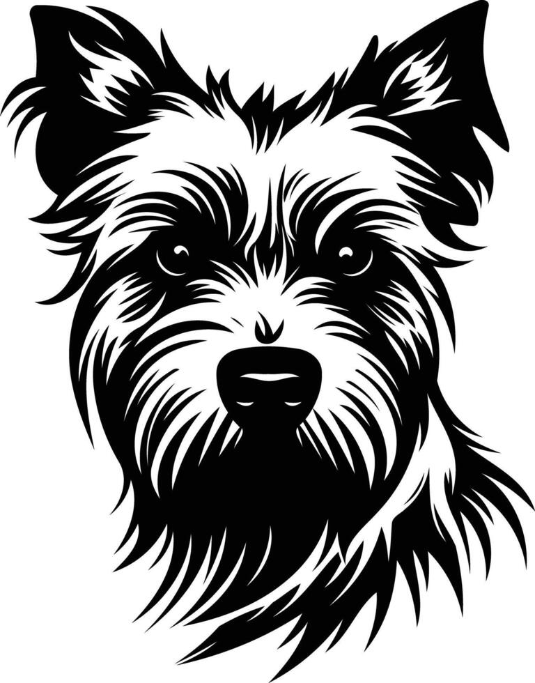 A striking black and white portrait of a yorkshire terrier, capturing the dog's soulful eyes and distinctive fur vector