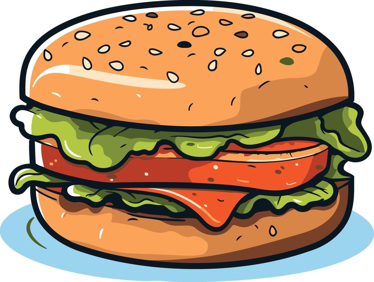 A cartoon illustration of a juicy burger with lettuce, tomato and cheese vector