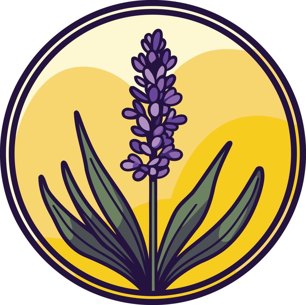 A simple, circular logo featuring a stylized lavender flower on a yellow background vector