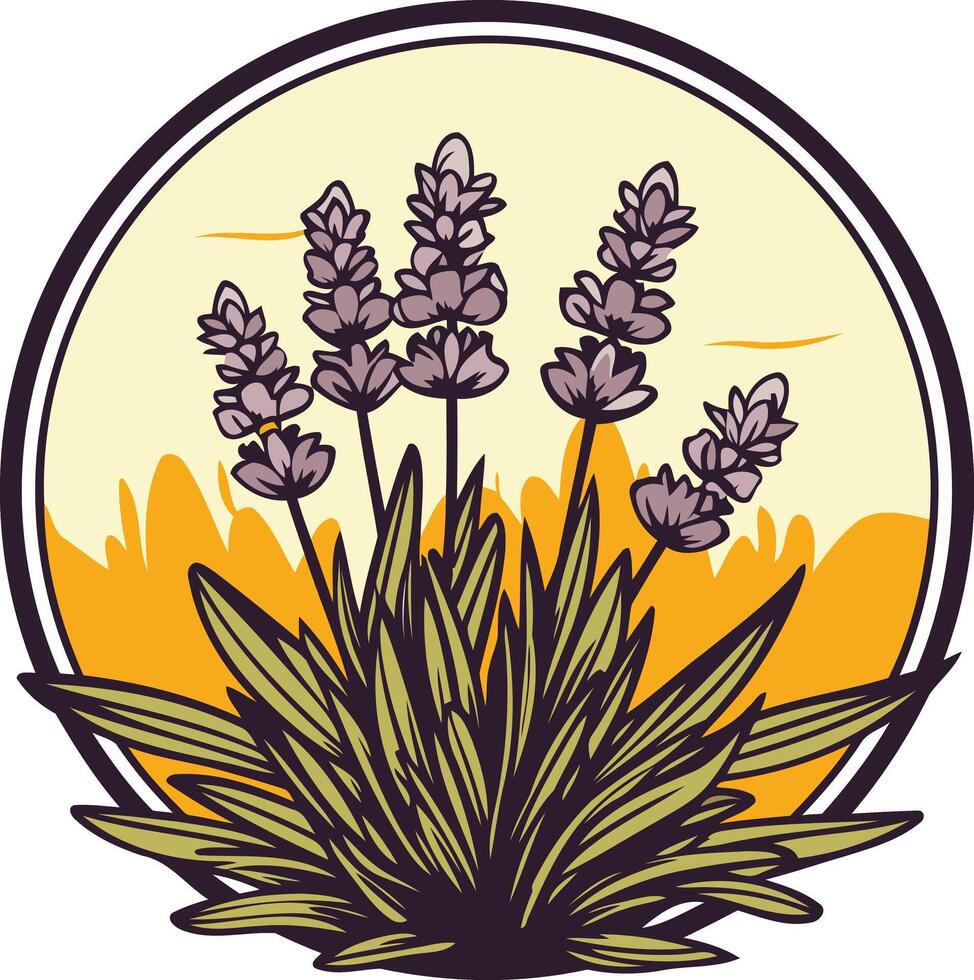A vibrant illustration of lavender flowers in a circular frame, perfect for branding, design, or aromatherapy products vector