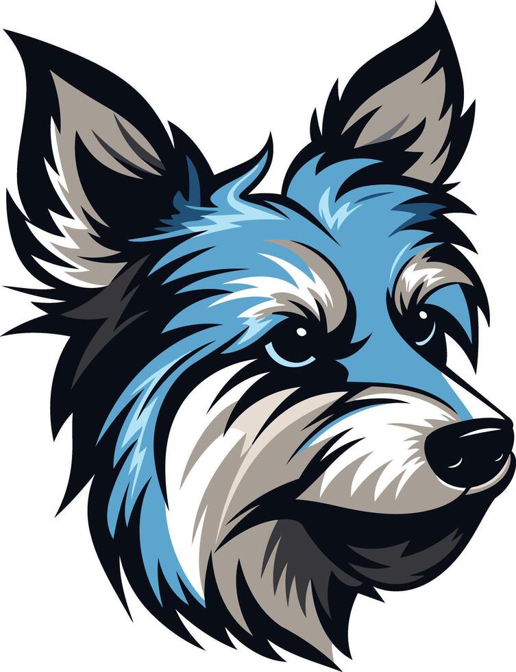 A bold and fierce illustration of a dog's head, with a striking blue and grey color scheme vector