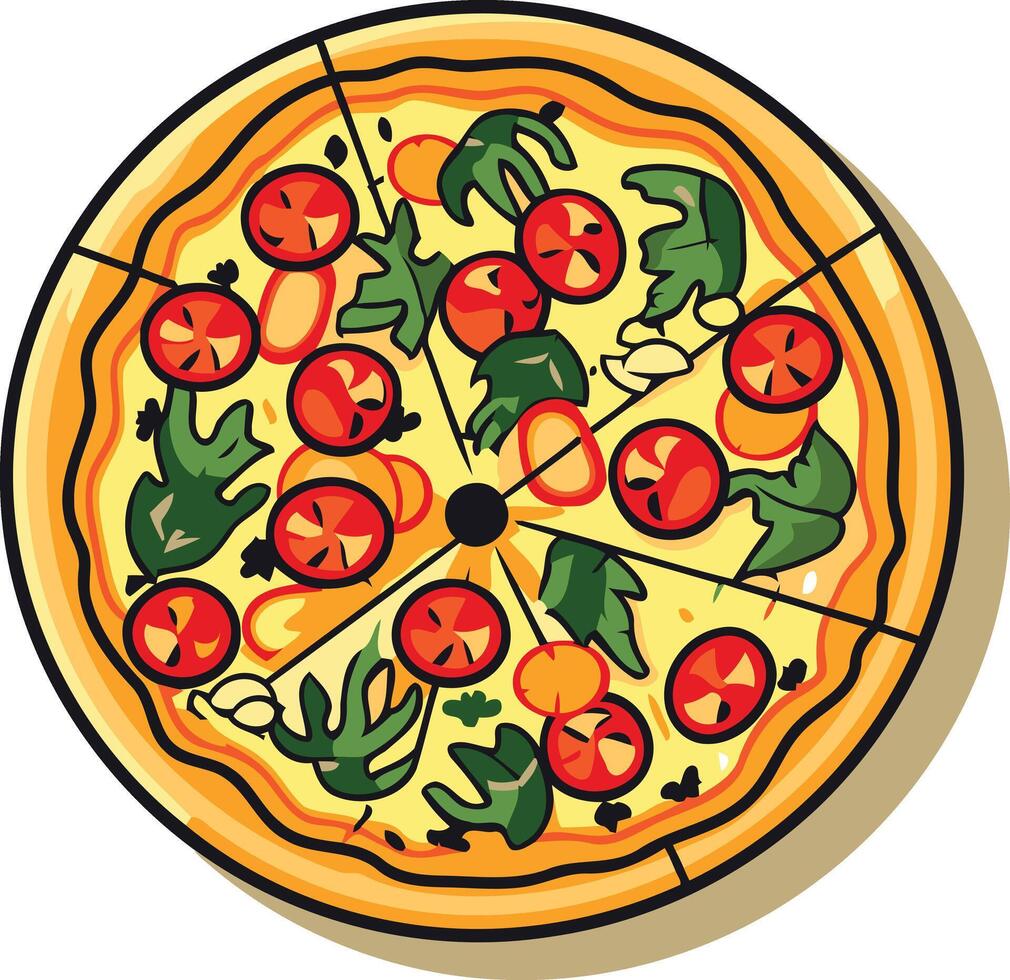 A colorful cartoon pizza illustration with various toppings, perfect for menus, websites, or social media posts vector