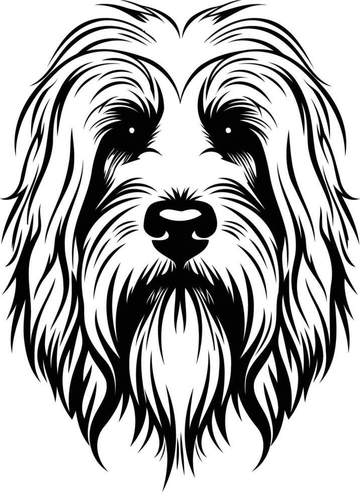A stylish black and white illustration of a dog's head with a furry texture, perfect for tattoo designs, pet related projects, and branding vector