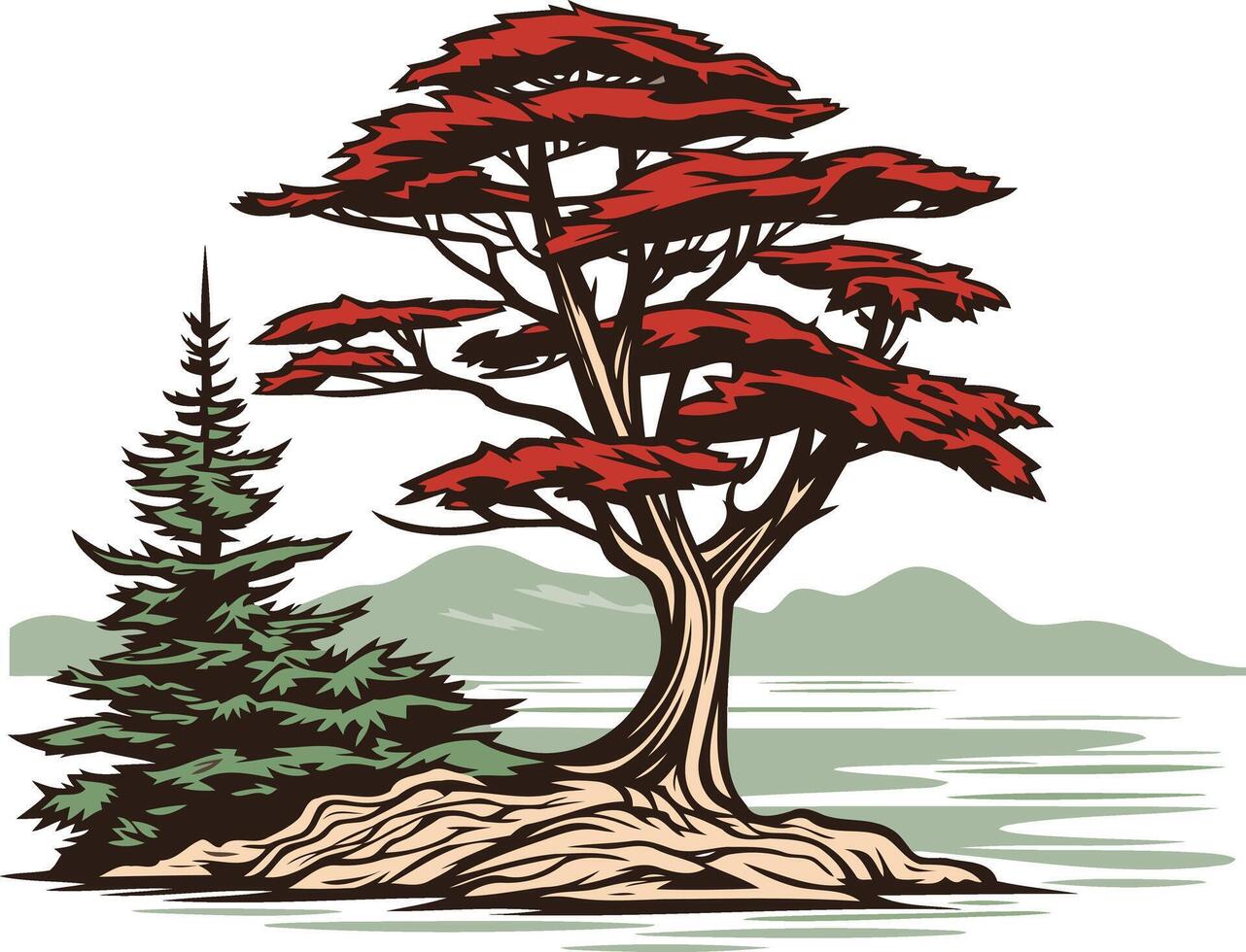 A stylized illustration of two trees on a small island, with mountains and water in the background vector
