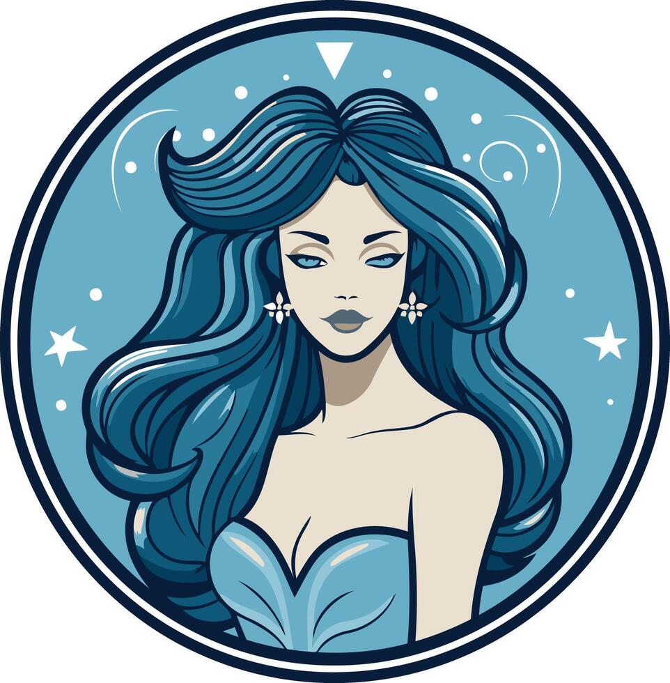 A beautiful woman with long flowing blue hair and a blue dress vector