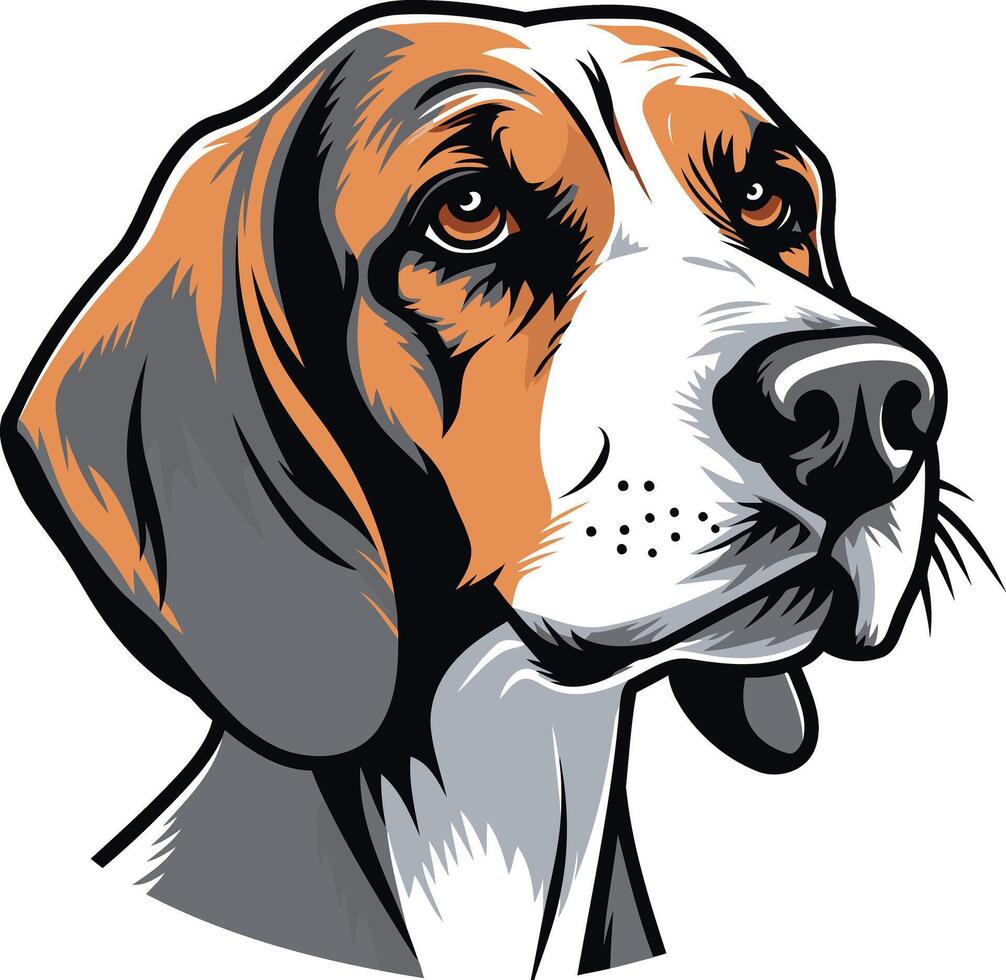 A detailed and expressive illustration of a beagle dog's head, featuring a close up view of its soulful eyes and distinctive facial features vector