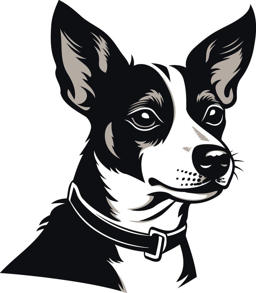 A bold and striking black and white illustration of a chihuahua's head, perfect for pet related designs, branding, and social media vector