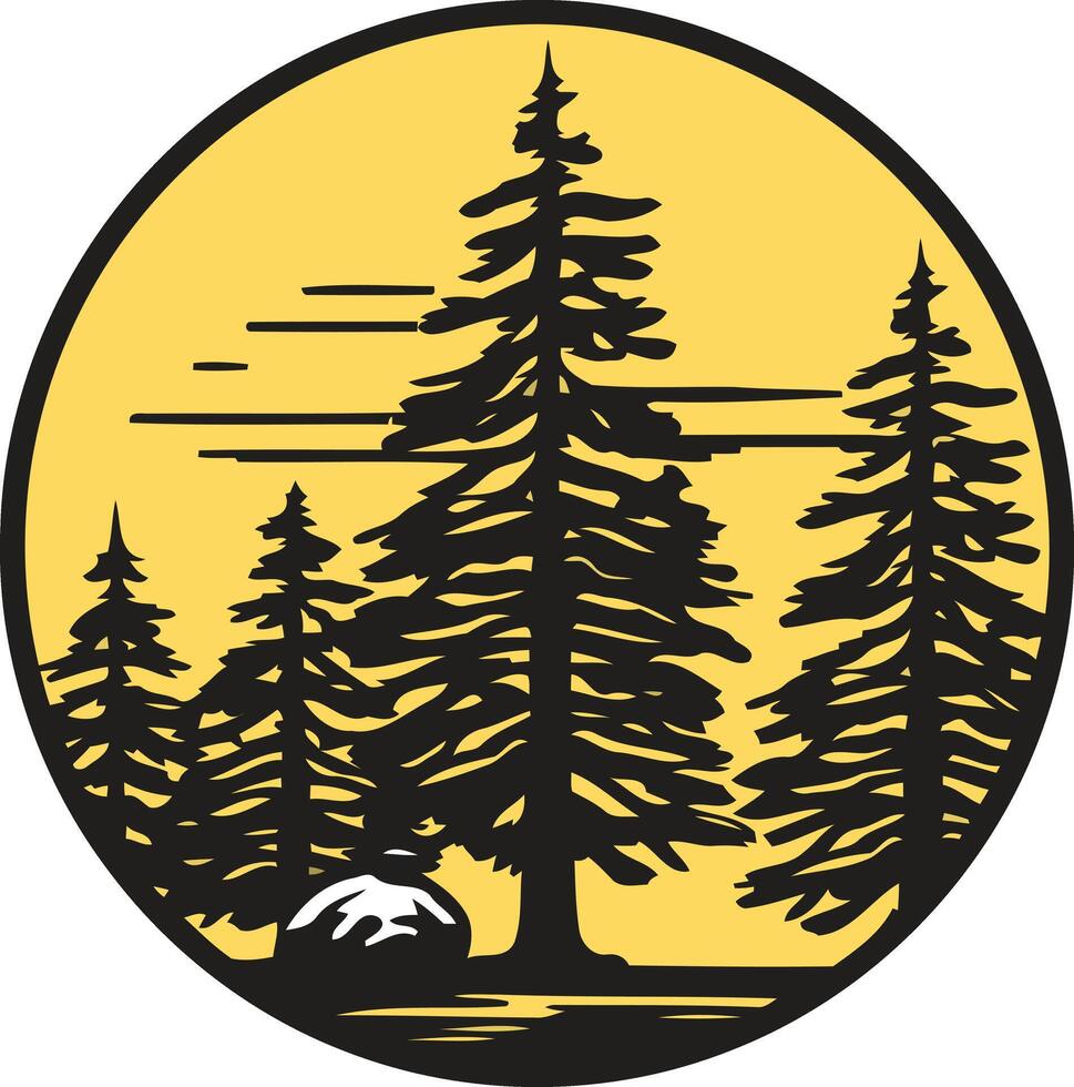 A minimalist, circular logo featuring a silhouette of pine trees against a yellow sun vector