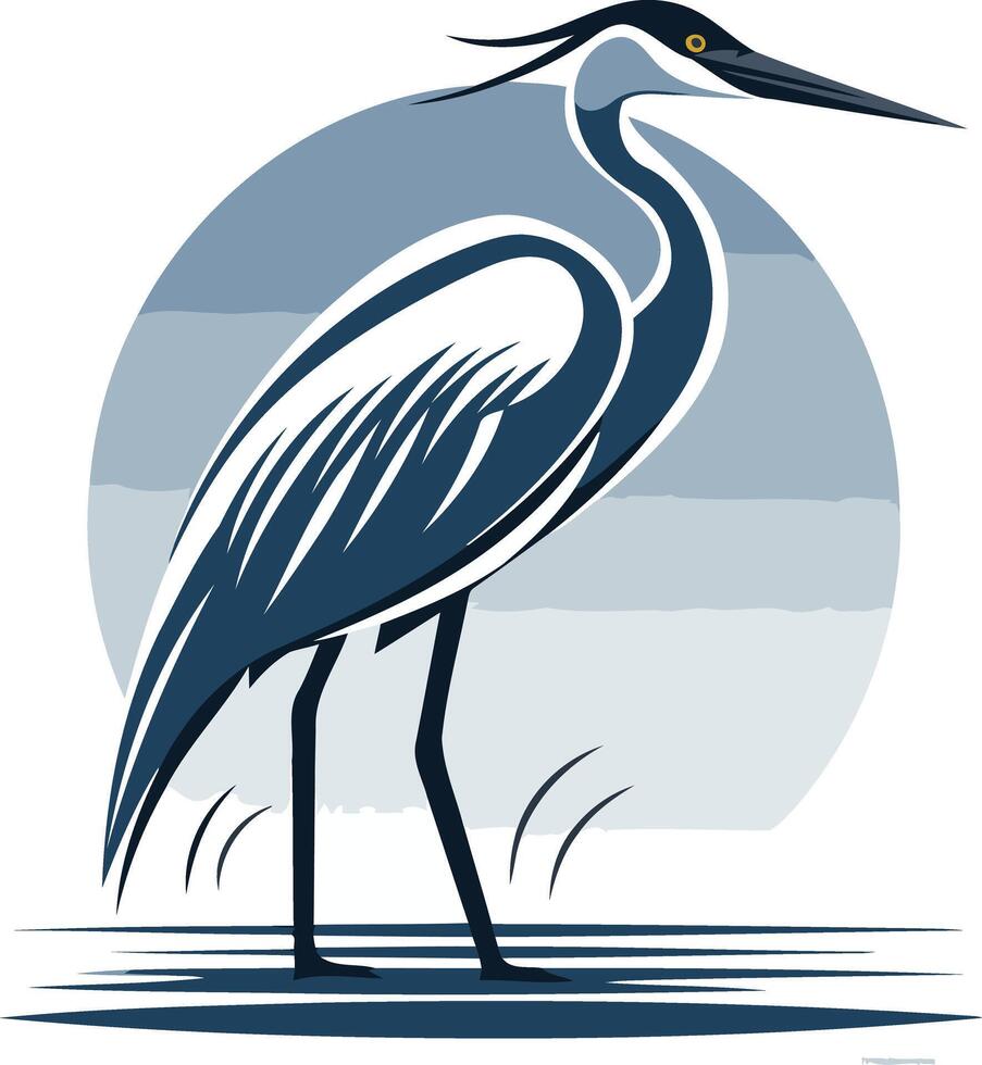 A stylized blue heron with a long beak stands on a blue circular background, perfect for nature themed designs, logos, or illustrations vector