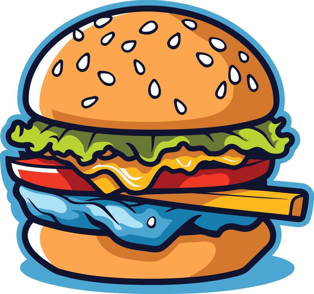 A cartoon illustration of a delicious looking burger with a sesame seed bun, lettuce, tomato, cheese, and a french fry sticking out the top vector