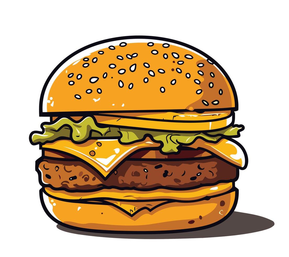 Delicious cartoon burger with cheese, lettuce, and sesame seed bun vector