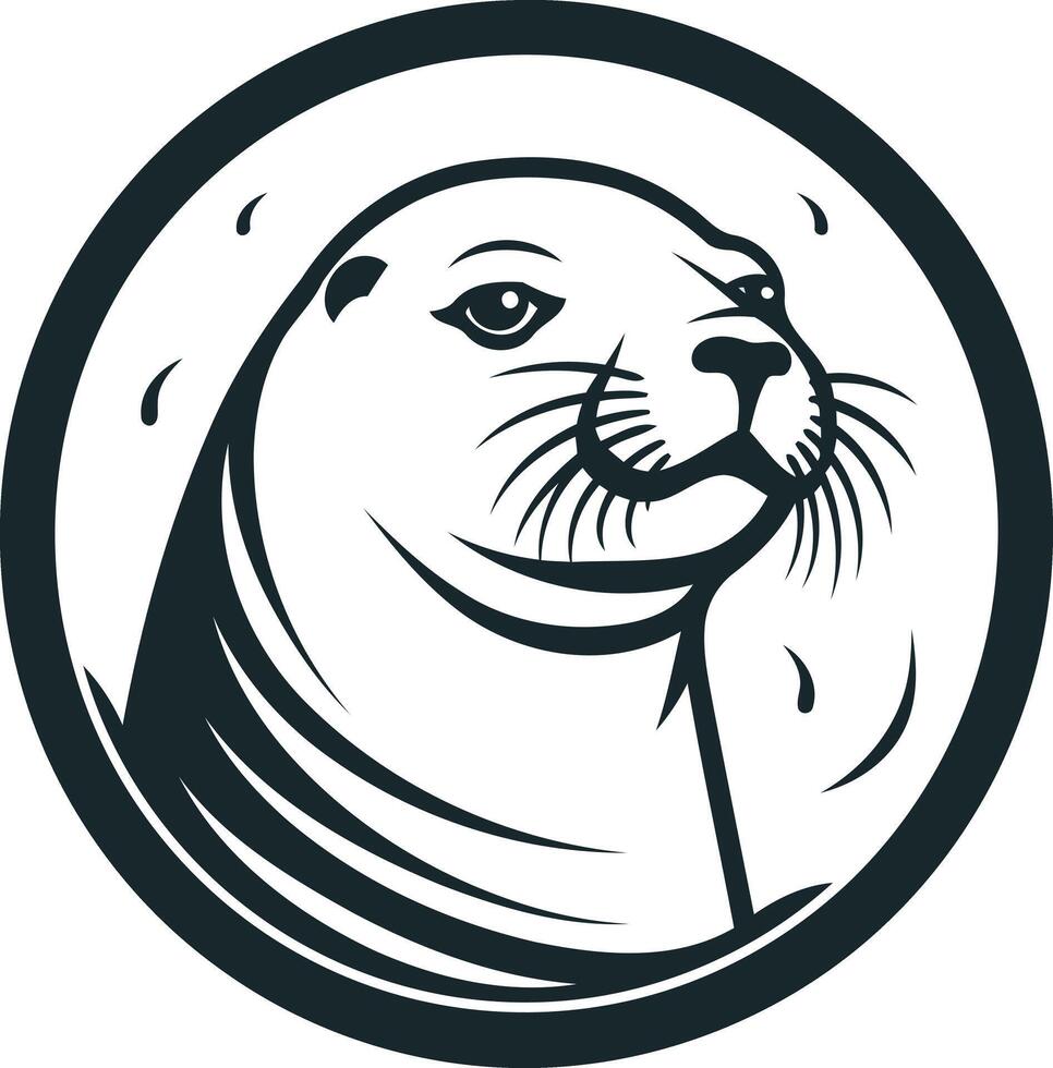 Black and white illustration of a cute seal with a circular frame, perfect for branding, logos, or marine themed designs vector