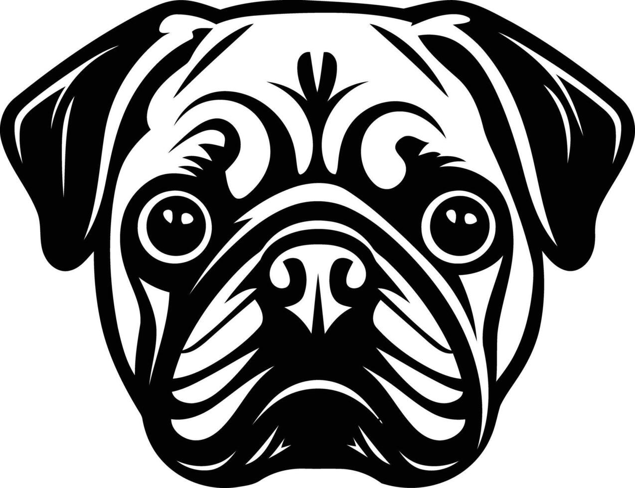A classic, black and white illustration of a pug's face, perfect for logos, t-shirts, and more vector