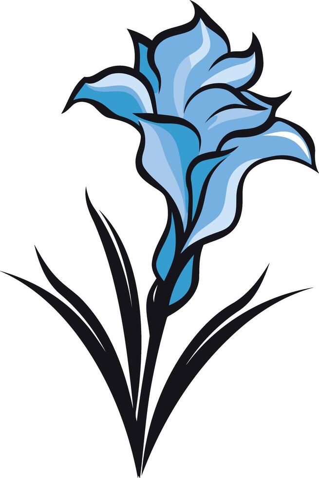 A stylized blue flower with delicate petals and bold, black leaves vector