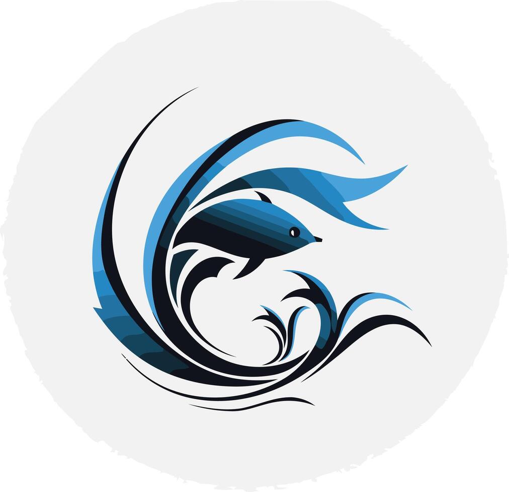 Abstract logo design featuring a stylized fish jumping through a wave, perfect for branding or marketing materials related to marine life, water sports, or nature conservation vector