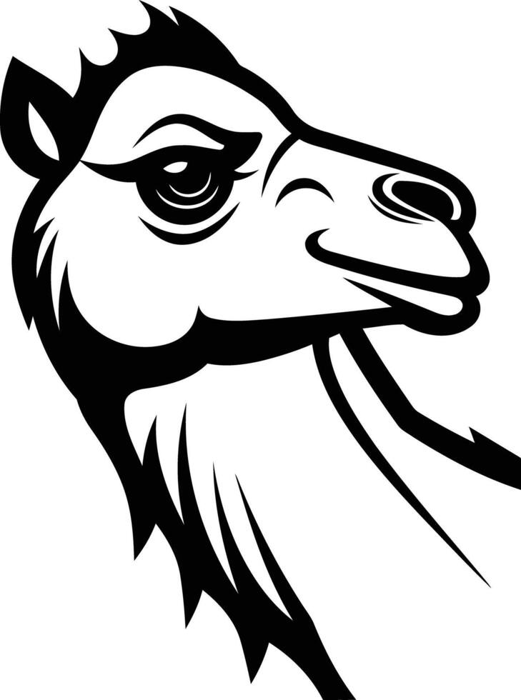 A bold and stylized black and white illustration of a camel's head, perfect for logos, branding, and design projects that require a strong and distinctive visual vector
