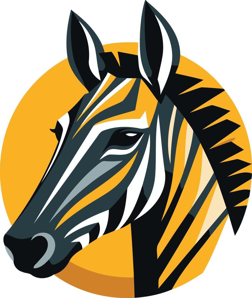 A stylized zebra head with black and white stripes, set against a yellow sun vector