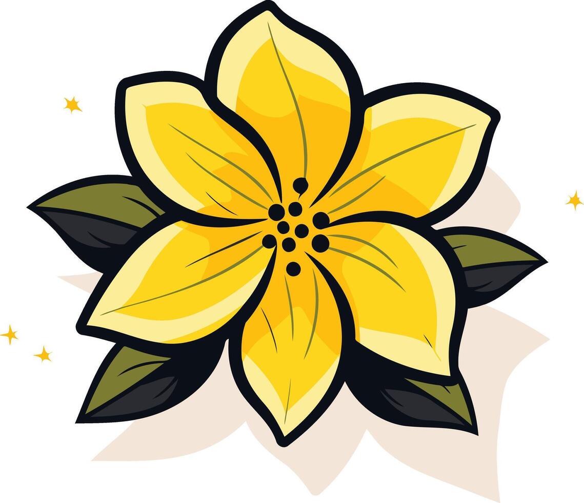 A vibrant, stylized yellow flower with dark green leaves vector
