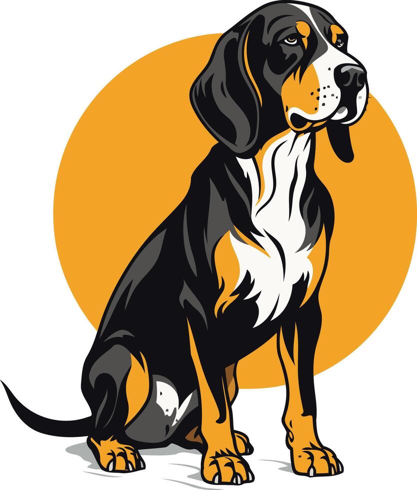 A sleek and stylized illustration of a black and white hunting dog sitting against a vibrant orange sun vector