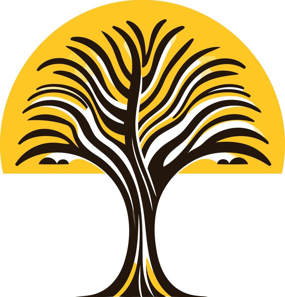 A stylized tree silhouette, with a yellow sun behind it vector
