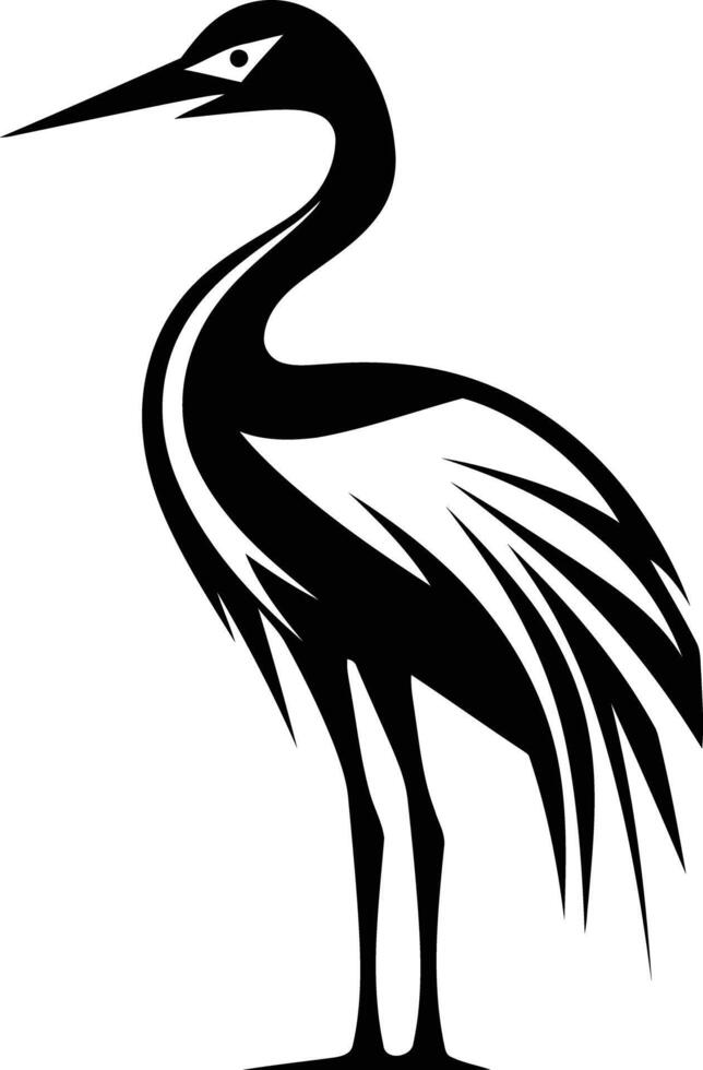Stylized black and white silhouette of a crane bird, perfect for logo design, branding, or nature illustrations vector
