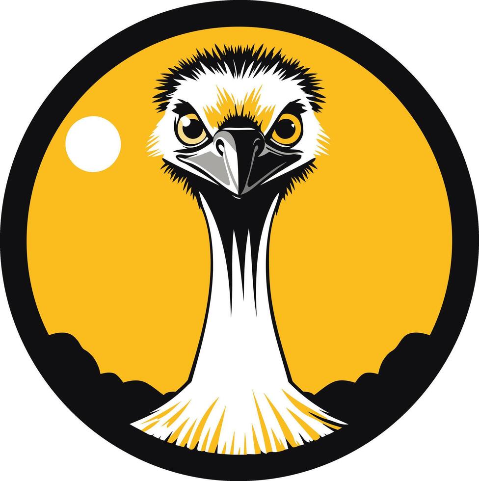 A bold and striking illustration of an emu's head in a circular frame vector