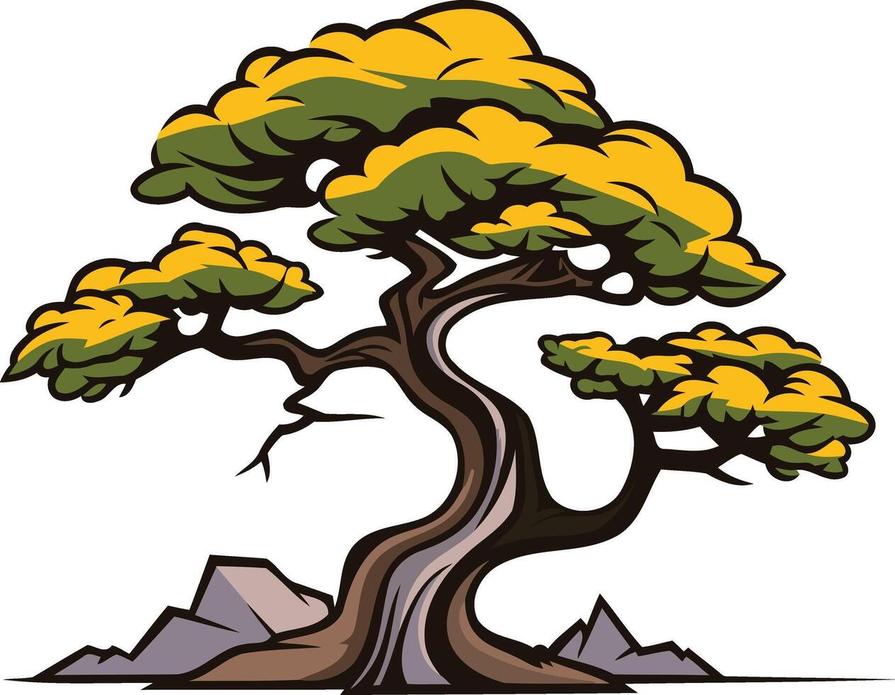 A cartoon illustration of a bonsai tree with green and yellow leaves, perfect for use in educational materials, nature-themed designs, or as a logo for a gardening business vector