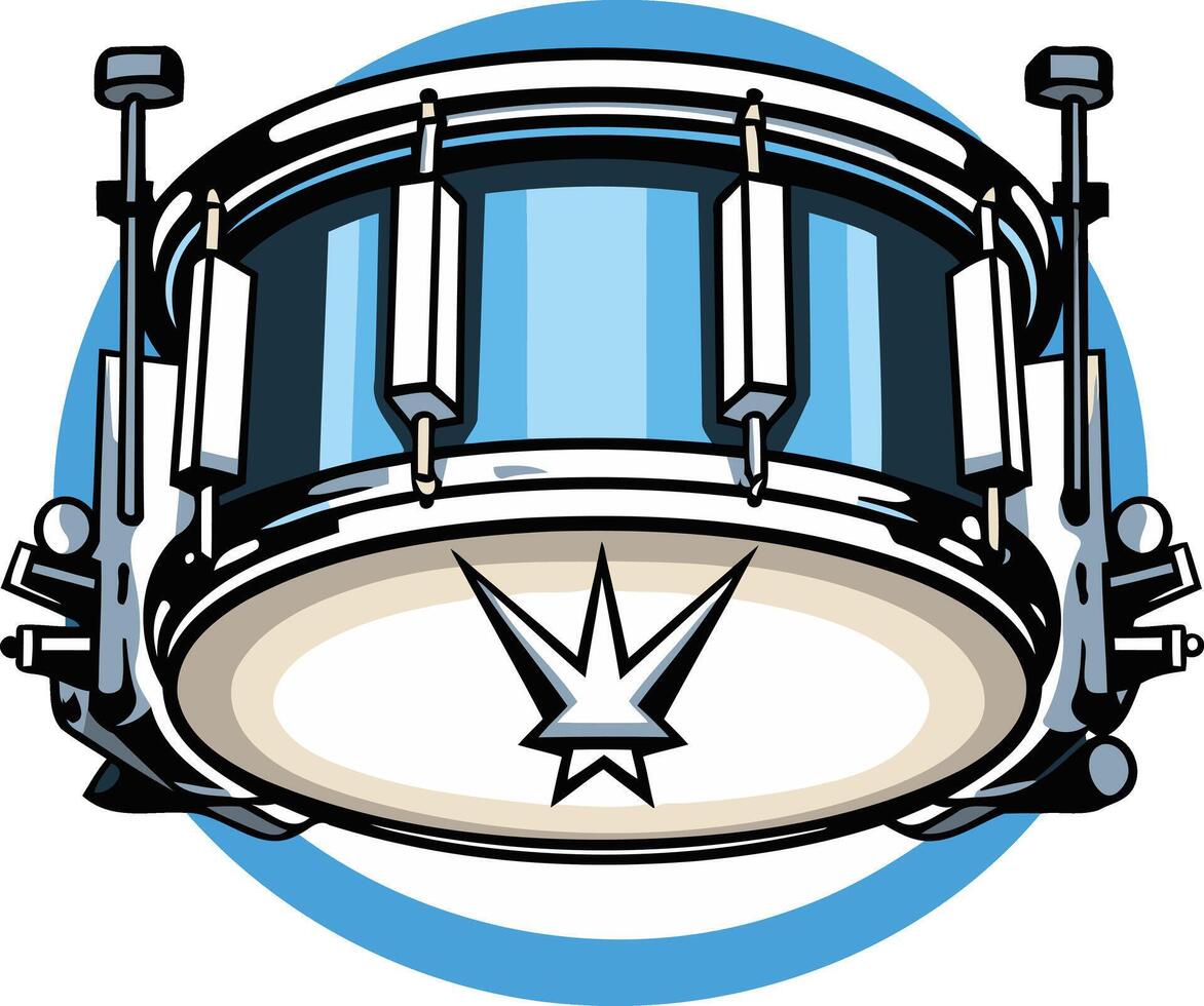 A cartoon illustration of a snare drum with blue accents and a star inside vector