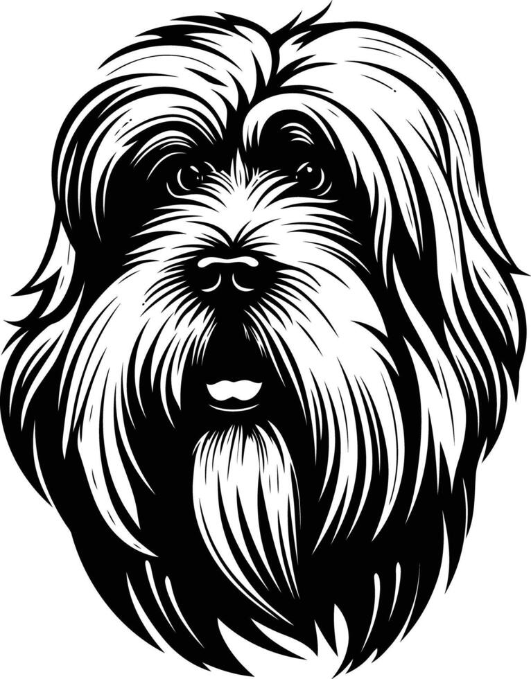 A striking black and white illustration of a dog's head, featuring detailed fur and a friendly expression vector