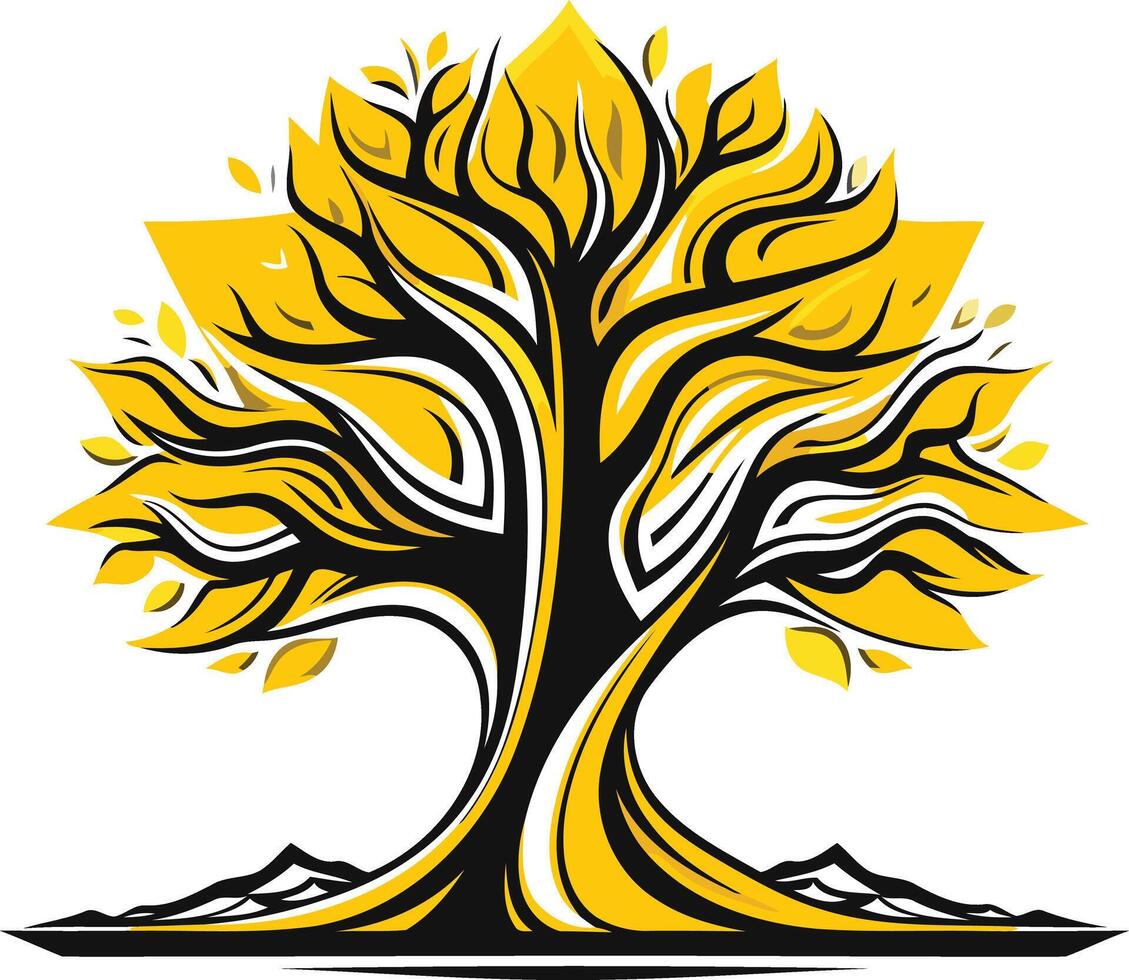 Stylized, abstract tree with yellow foliage and black trunk, ideal for nature-inspired logos, branding, and environmental design vector