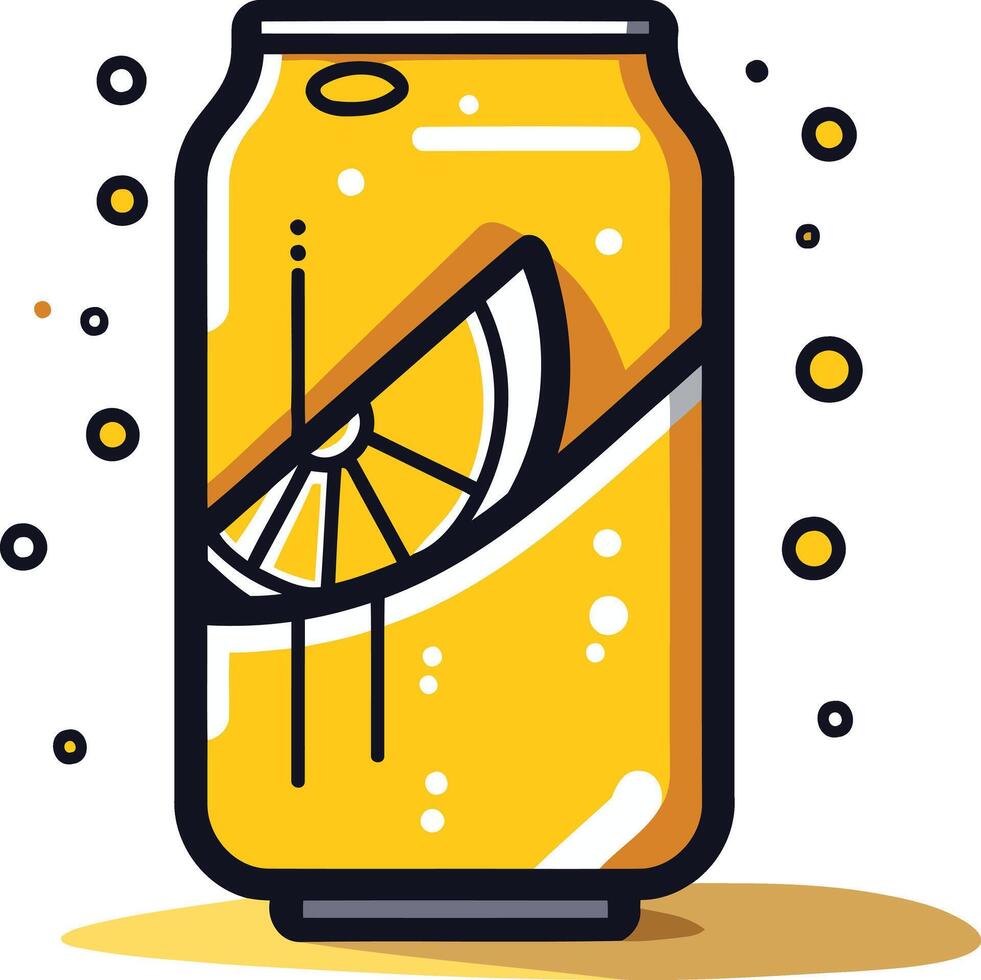 A cheerful cartoon illustration of a yellow can of soda with a lemon slice vector