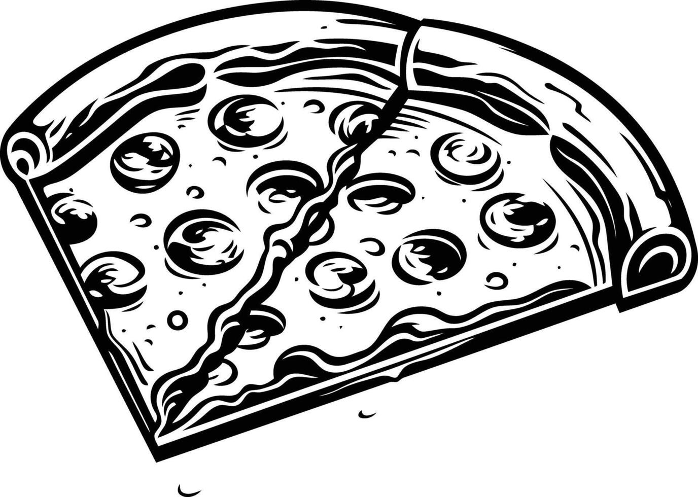 A black and white illustration of a slice of pizza with visible cheese and pepperoni vector