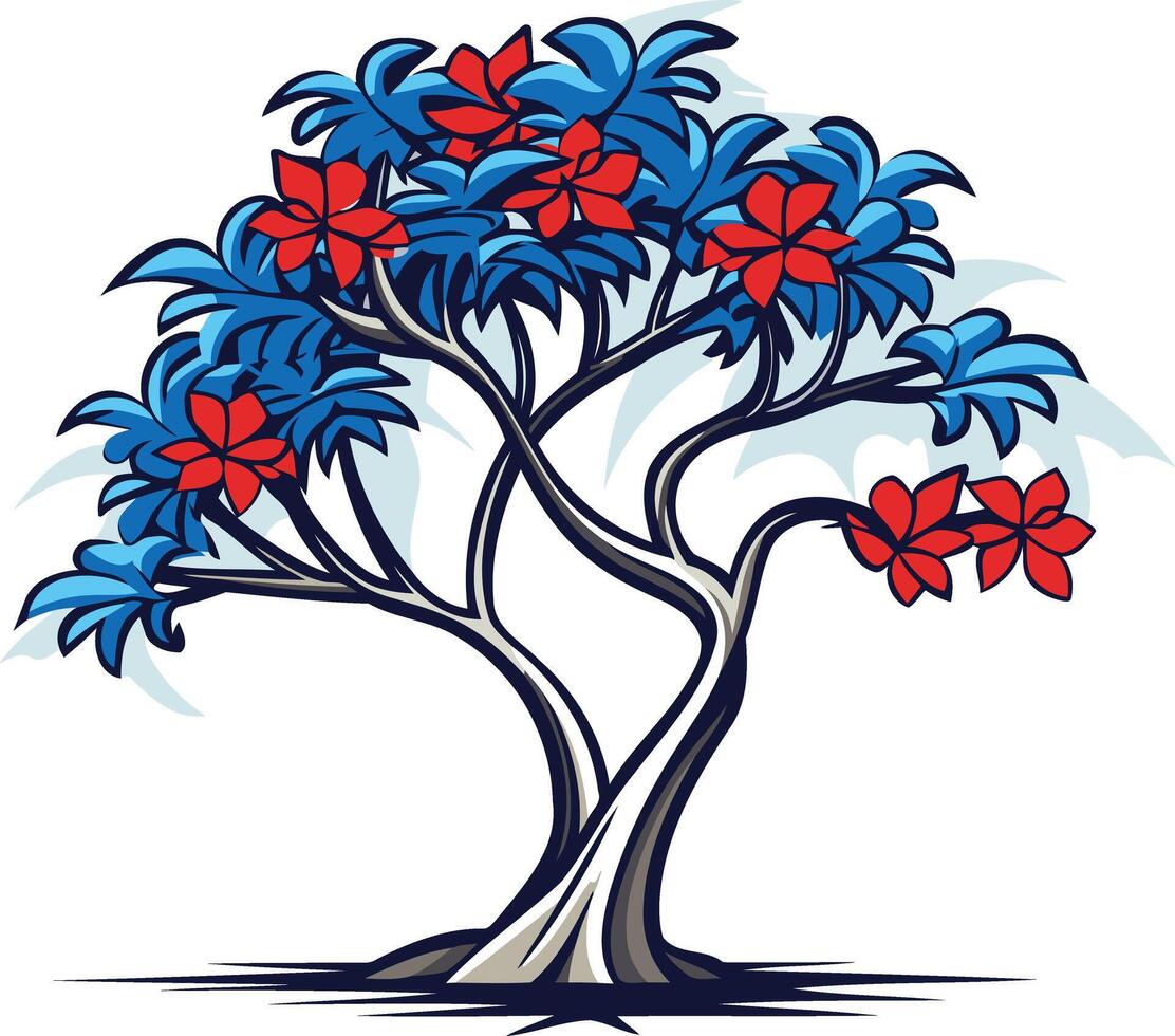A vibrant illustration of a tropical tree with blue foliage and red flowers vector