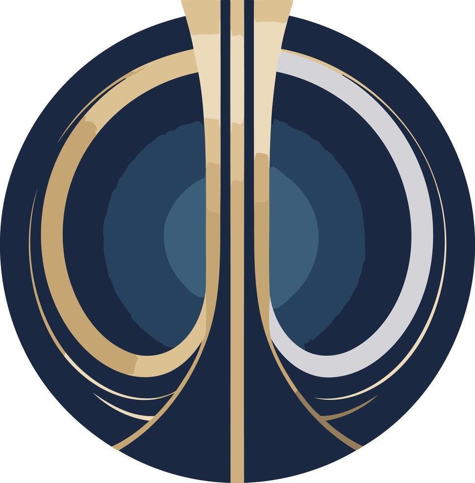 Abstract circular logo with gold and silver lines on a dark blue background vector