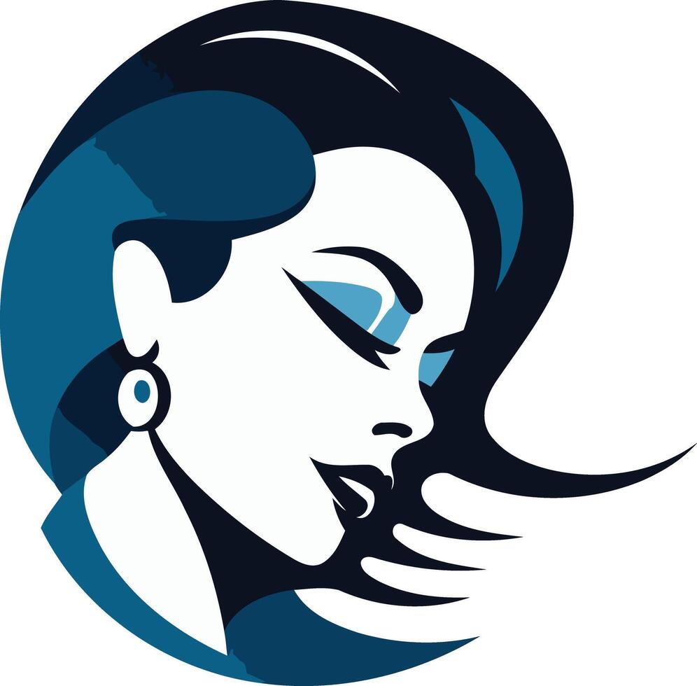 A stylish and sophisticated logo featuring a woman's face in a blue and white color scheme vector