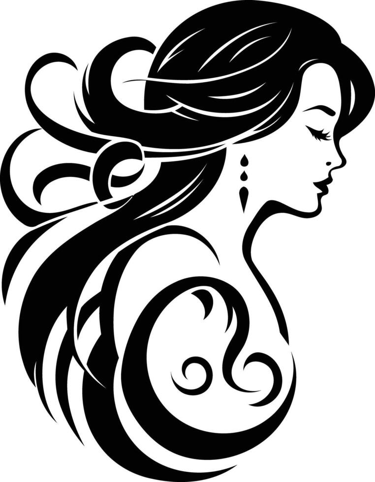 Elegant black and white silhouette of a woman with flowing hair and ornate design vector
