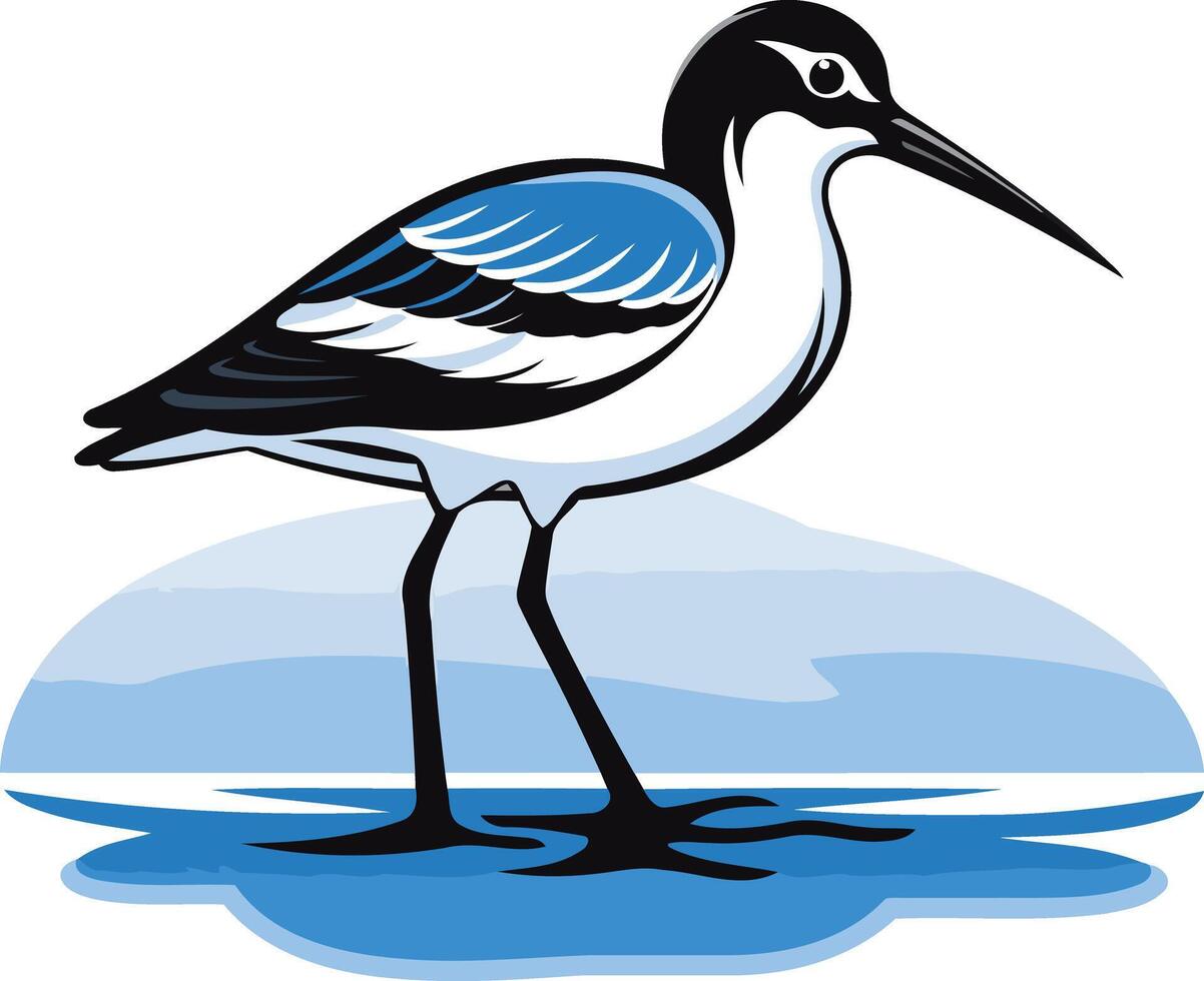 A stylized illustration of a black and blue bird wading in water vector