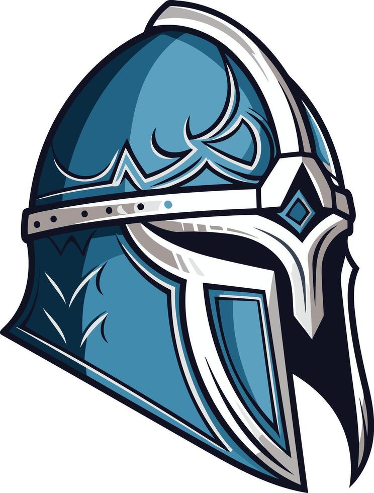 A fierce and detailed blue warrior helmet with intricate design elements vector