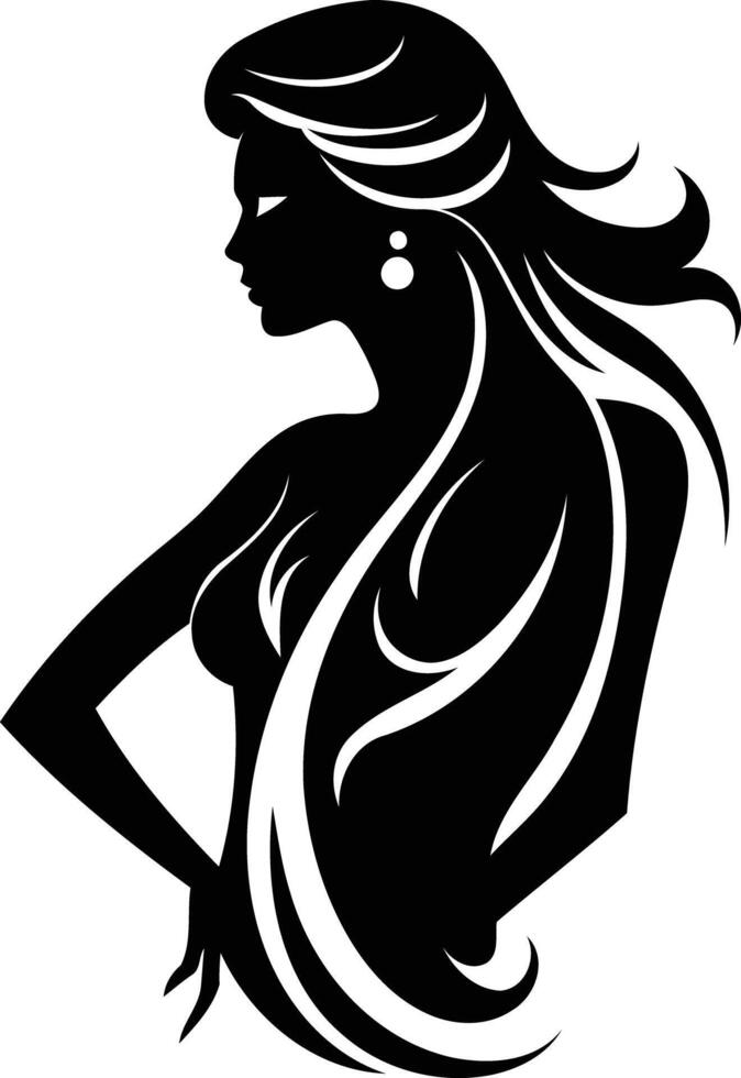 Elegant silhouette of a woman with long flowing hair, perfect for beauty, fashion, and feminine designs vector