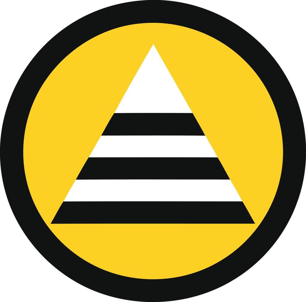 A simple and bold graphic design featuring a black and white striped pyramid set against a bright yellow background within a black circle vector