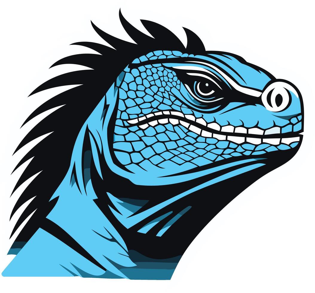 A bold and striking illustration of a blue iguana's head, perfect for logos, branding, or t-shirt designs vector