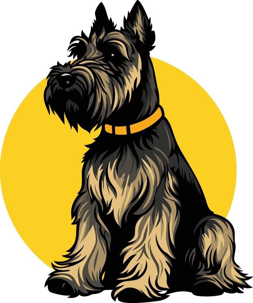 Cute, cartoon-style illustration of a black schnauzer dog wearing a yellow collar, sitting on a yellow background vector