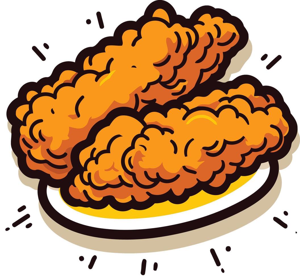 A cartoon illustration of three crispy fried chicken tenders on a plate, perfect for menus, restaurant branding, or social media posts vector