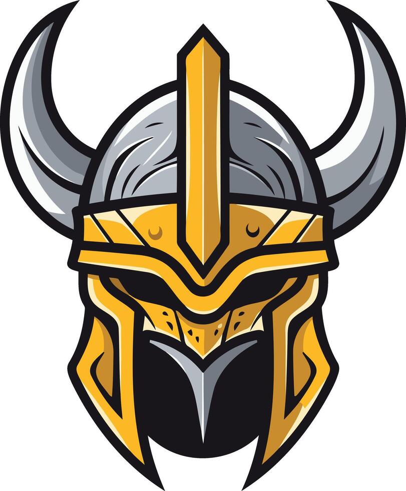 A fierce and powerful viking helmet with horns and a golden crest vector